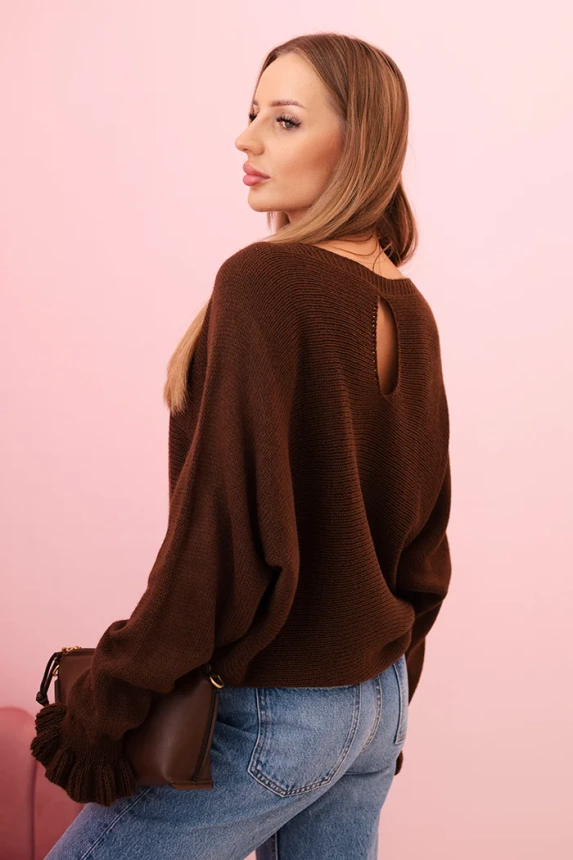 Women's mohair sweater with gathered sleeves and a back cutout brown
