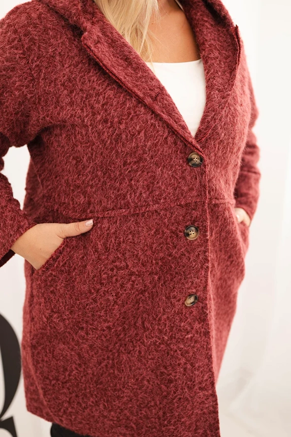 Dámský kabát Plus Size s kapucí a kapsami bordový