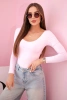 Women's bodysuit blouse with long sleeves and a deep neckline candy pink