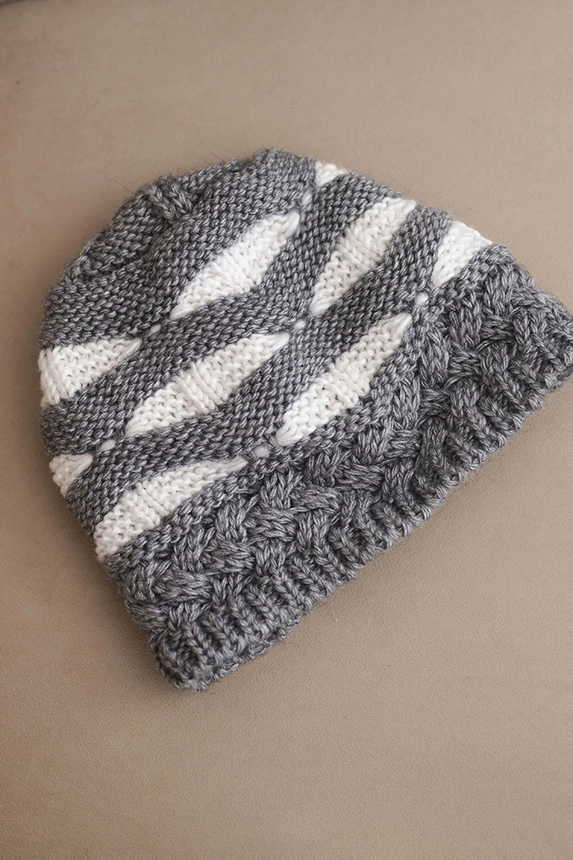 Women's winter hat with wool in a thick knit and stripes K465 gray + white