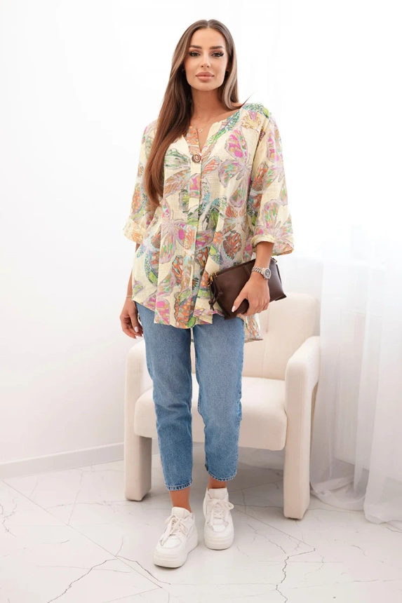 Women's cotton blouse with a butterfly pattern and buttons - yellow