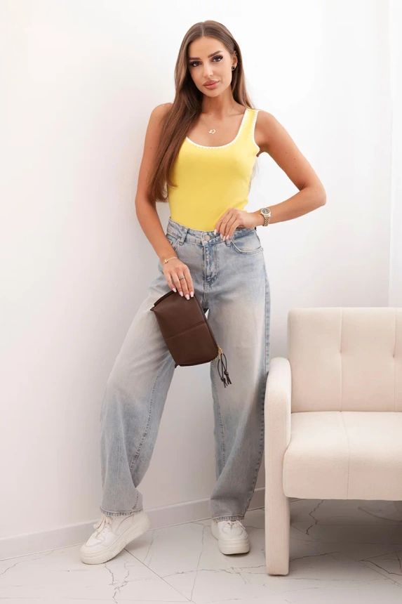 Women's ribbed bodysuit with lace trim yellow