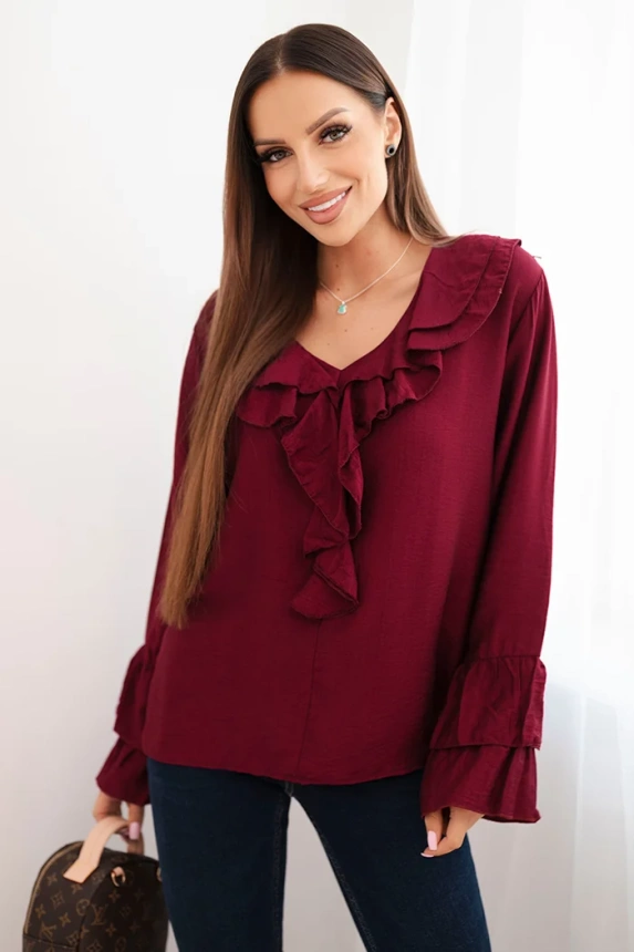 Women's viscose blouse with ruffles and long sleeves maroon