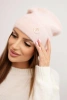 Soft women's cap made of fluffy knit with a decorative plate powder pink