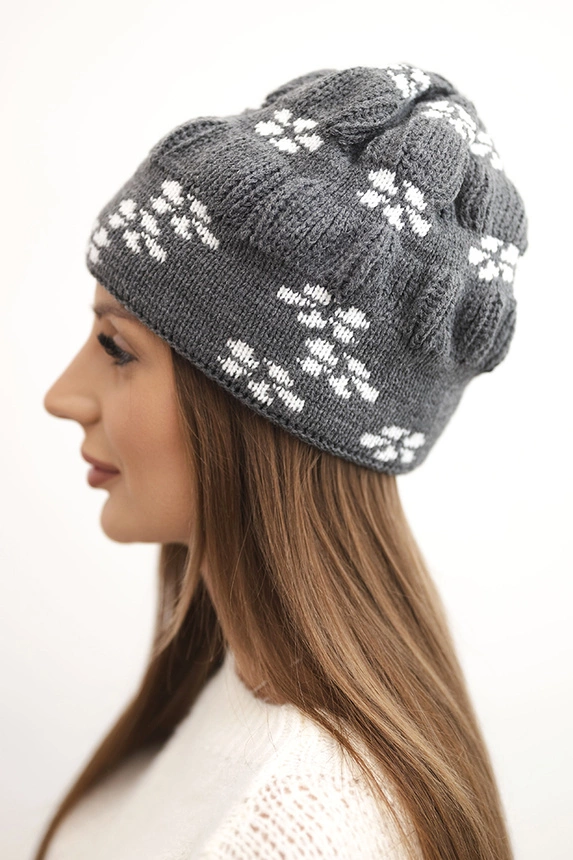 Women's winter knitted hat with snowflake pattern K463 graphite