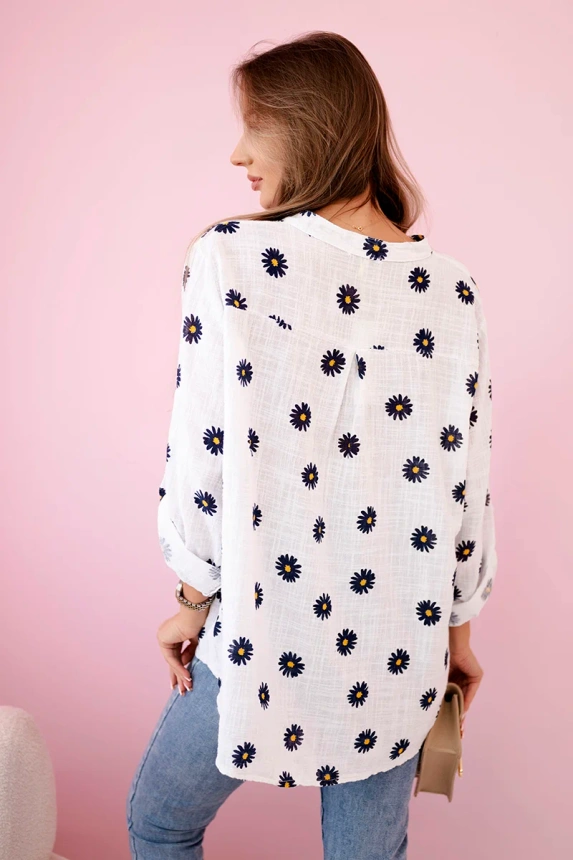 Linen Women's Blouse with Floral Pattern, Long Sleeves, and Buttons White