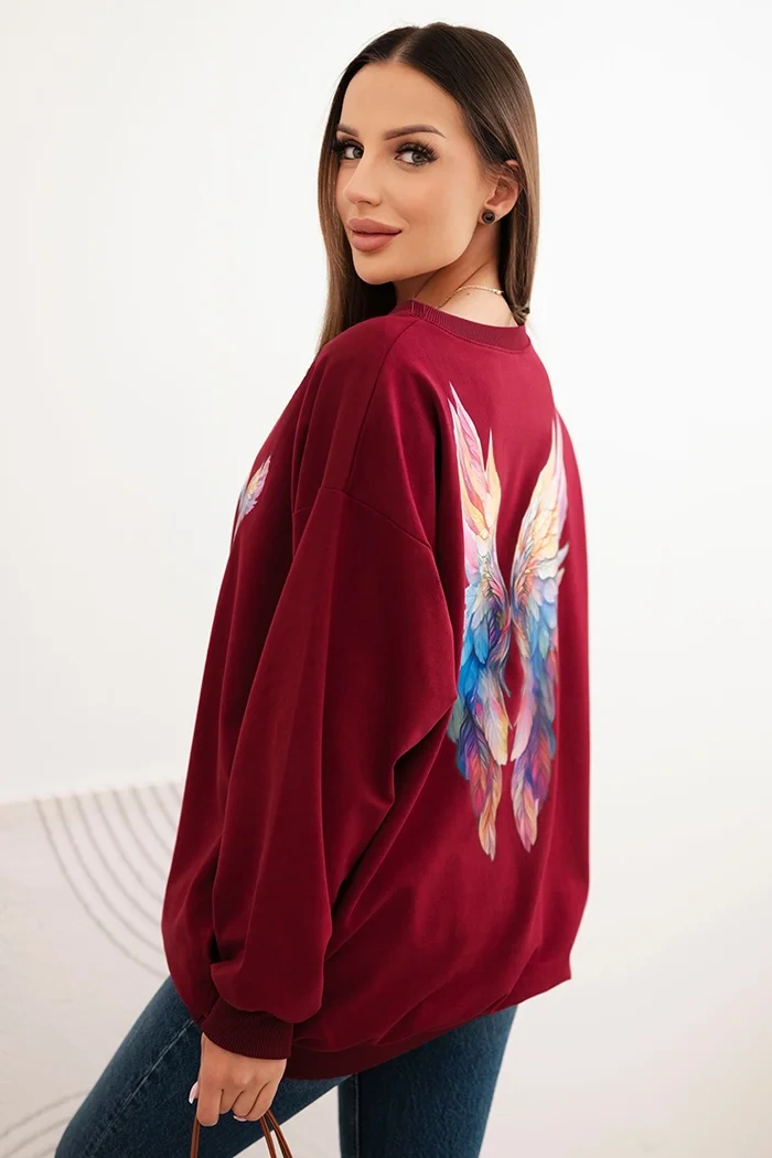 Damen Oversize Baumwollpullover mit bunten Flügeln auf dem Rücken bordrot