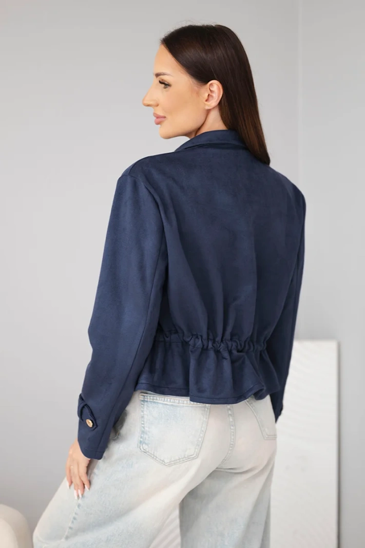 Women's suede jacket with pockets and a drawstring at the waist navy
