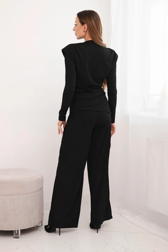 Women's cotton set with a blouse and wide-leg pants black