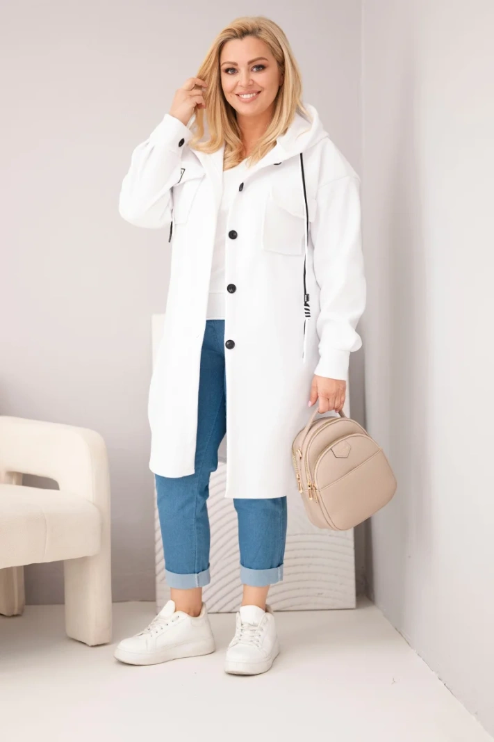 Plus-size women's hooded coat fastened with buttons white
