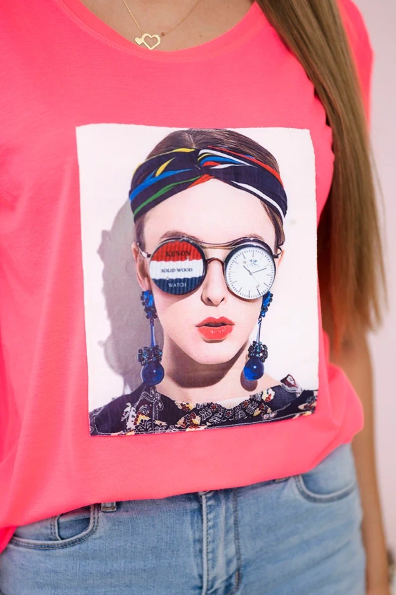 Dámská grafická halenka růžová neonová