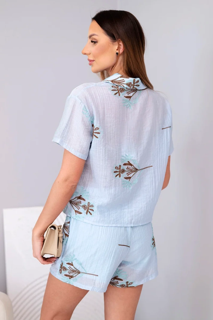 Damen-Set Bluse mit kurzen Ärmeln und bestickter Skort blau