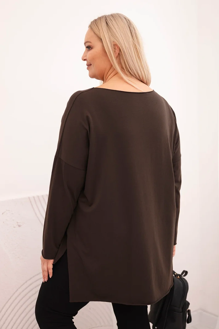 Dámská bavlněná blůza Plus Size asymetrická s dlouhým rukávem hnědá