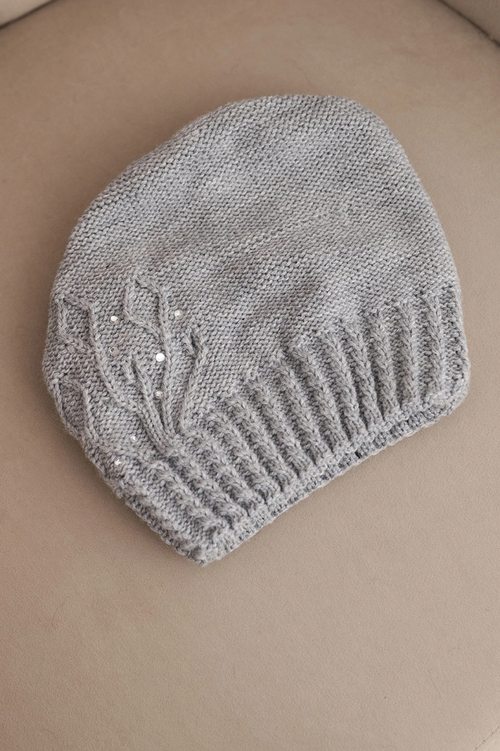 Women's winter hat with wool decorated with sequins and braid K473 gray