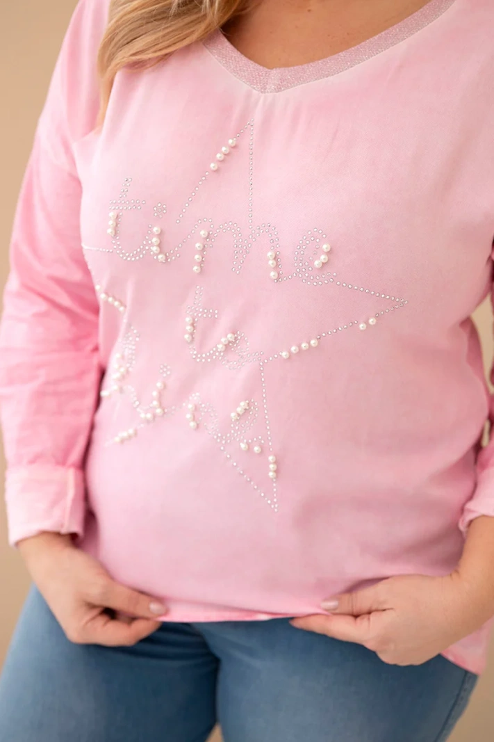 Plus Size women's blouse distressed with print and pearls light pink