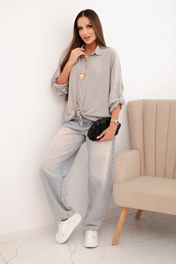 Women's shirt with viscose, featuring decorative buttons and a collar, dark beige