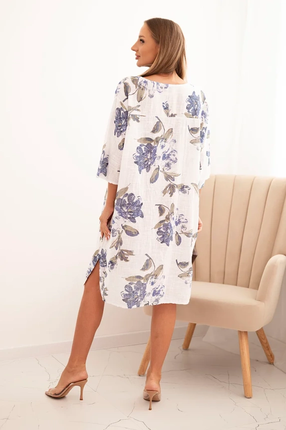 Damen Baumwollkleid mit floralem Muster und 3/4-Ärmeln weiß