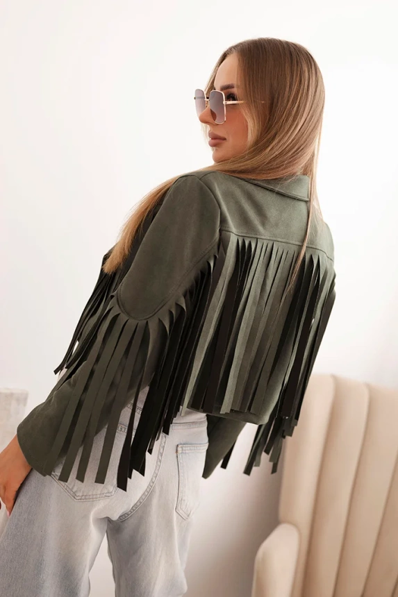 Damen-Wildlederjacke mit Fransen khaki