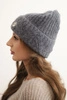 Women's winter hat made of fluffy knit with an elegant button dark gray