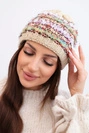 Damenmütze Winter mit bunter Wolle und elastischem Bund K352 beige
