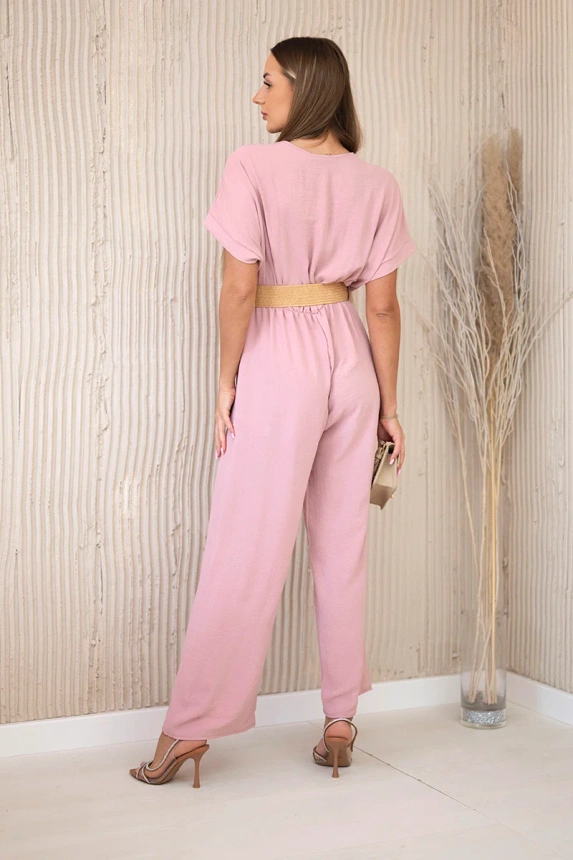 Overalls with a decorative belt at the waist powdered pink