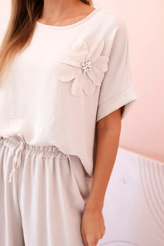 Women's viscose set with decorative flower and wide trousers dark beige