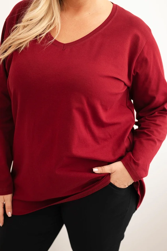 Damenbluse Plus Size mit V-Ausschnitt und langen Ärmeln bordeaux