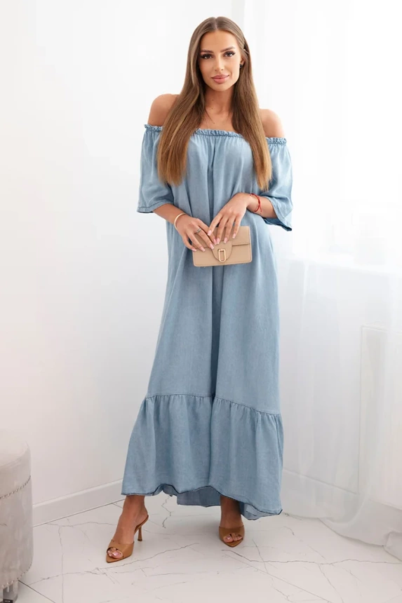 Women's dress with short sleeves and frill light denim