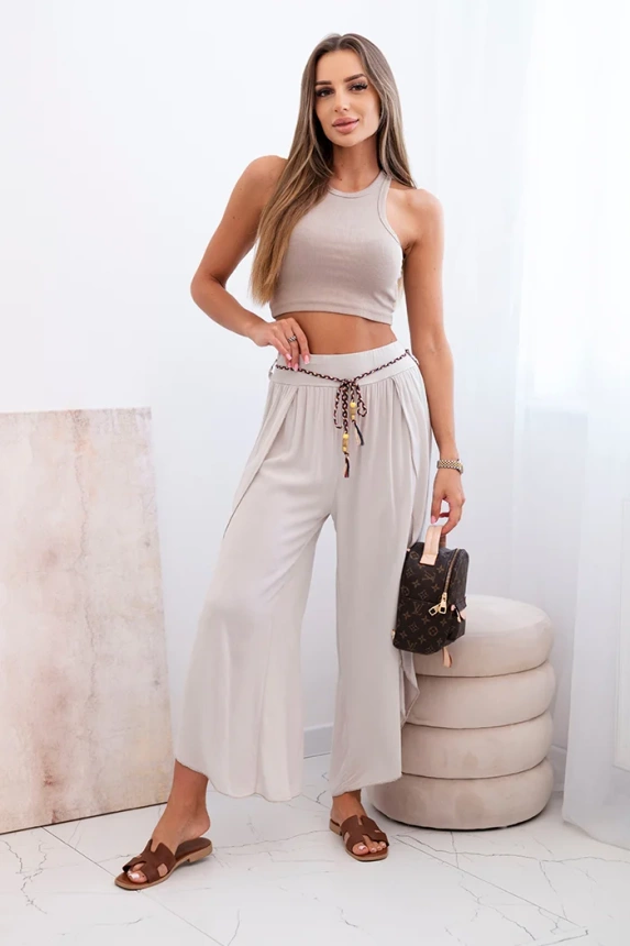 Women's viscose trousers with leg slit dark beige