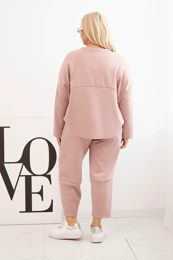 Moteriška Plus Size komplektas, sviestinis, džemperis ir kelnės su kišenėmis, tamsiai rožinė