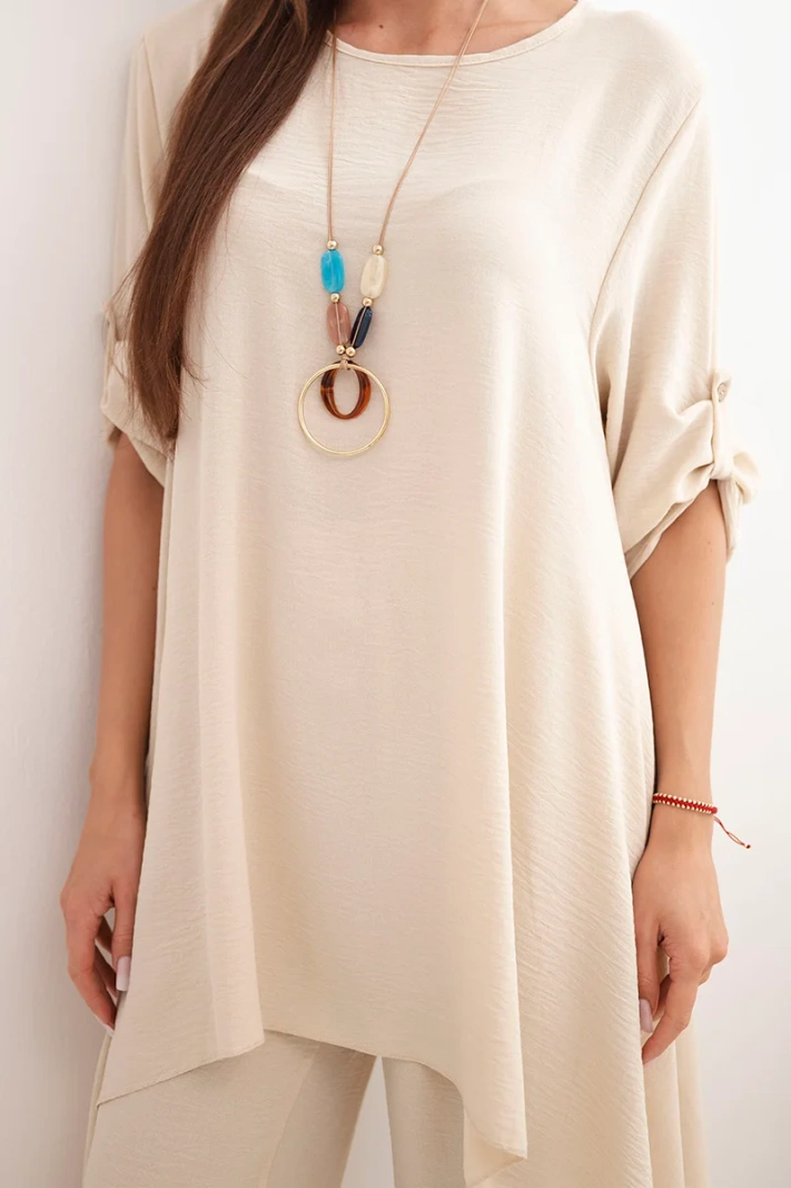 Set Bluse + Hose mit Anhänger Dunkelbeige