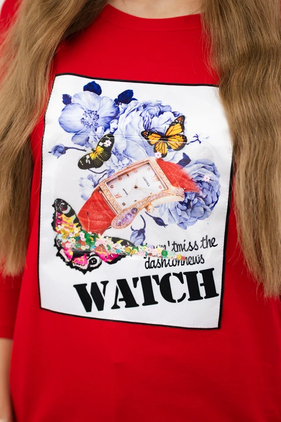 Bluse mit 3D Watch Grafik rot