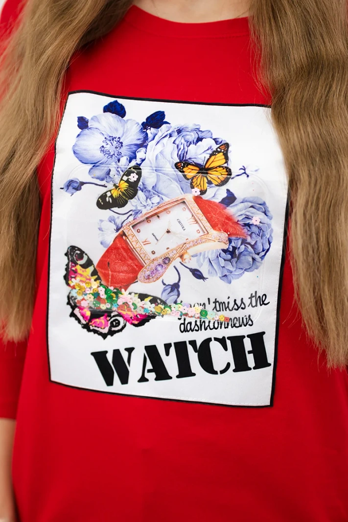 Blúzka s grafikou 3D Watch červená