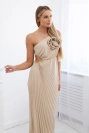 Pleated dress with flower dark beige