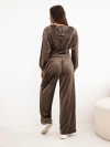 Women's velour viscose set with a short sweatshirt and wide trousers brown