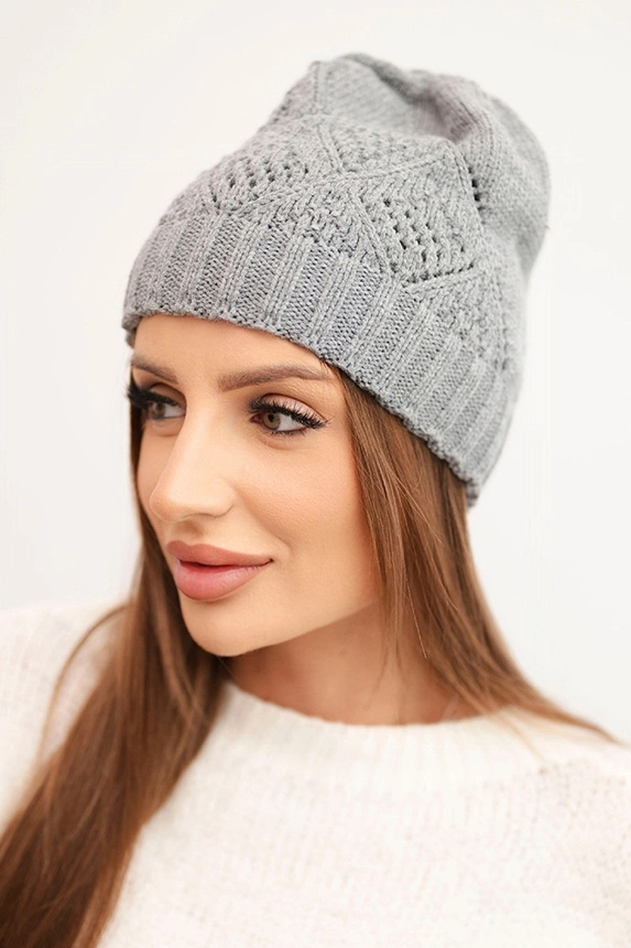 Women's winter hat made of wool with a geometric pattern K479 gray