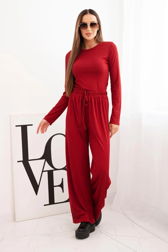 Damen-Set aus Viskose mit Bluse und weitem Hosen bordowy