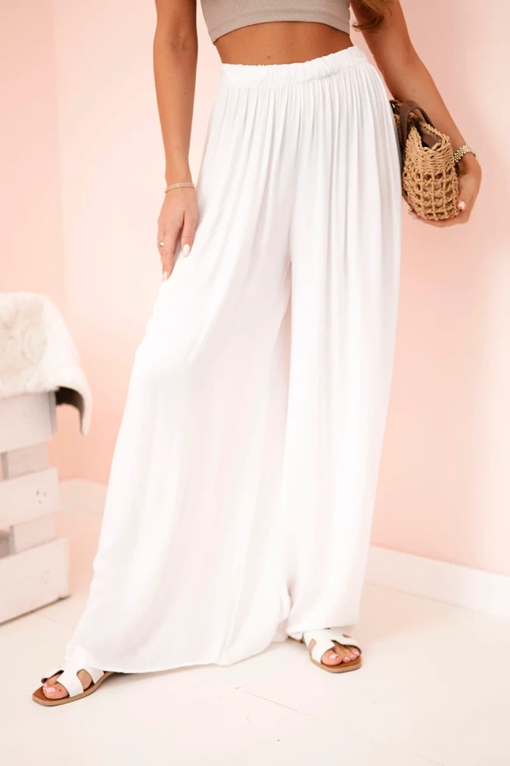 Women's wide viscose trousers with elastic waistband white