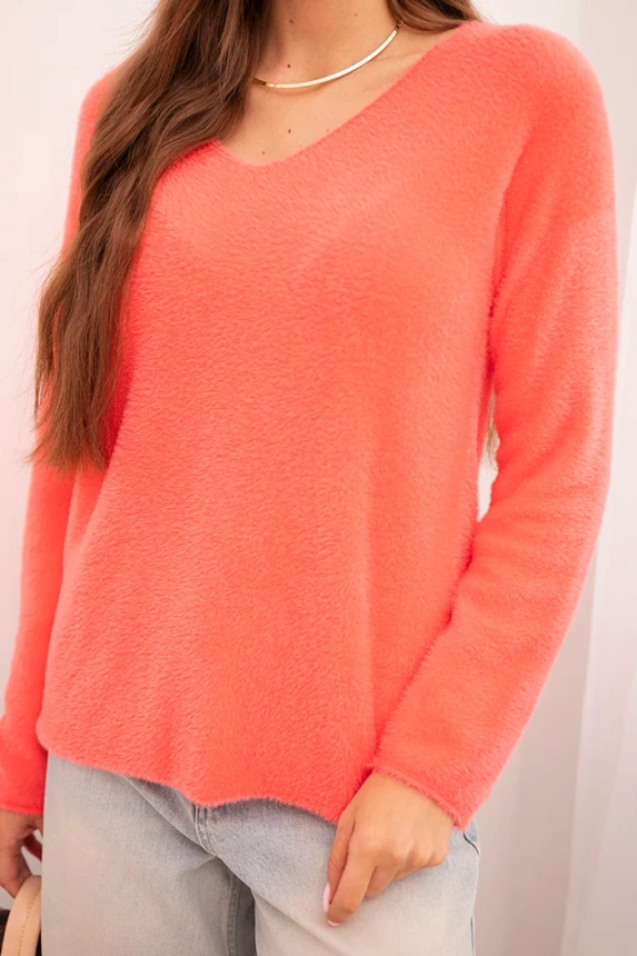 Women's sweater made of soft knit with a V-neck coral