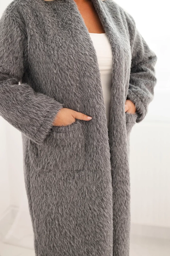 Moteriškas paltas Plus Size iš viskozės be užsegimo su kišenėmis pilkas