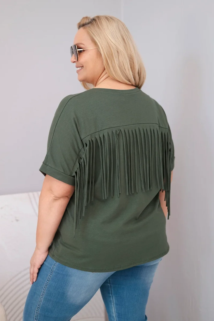 Damenbluse aus Baumwolle in Plus-Size mit V-Ausschnitt und Fransen am Rücken khaki