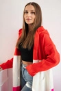 Pruhovaný sveter s kapucňou červená+ecru+ružová neón