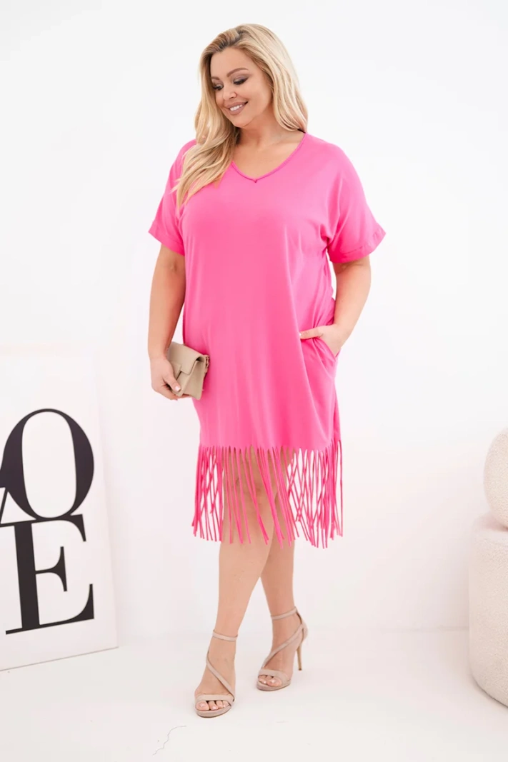 Women's cotton dress with V-neck and fringe Plus Size pink