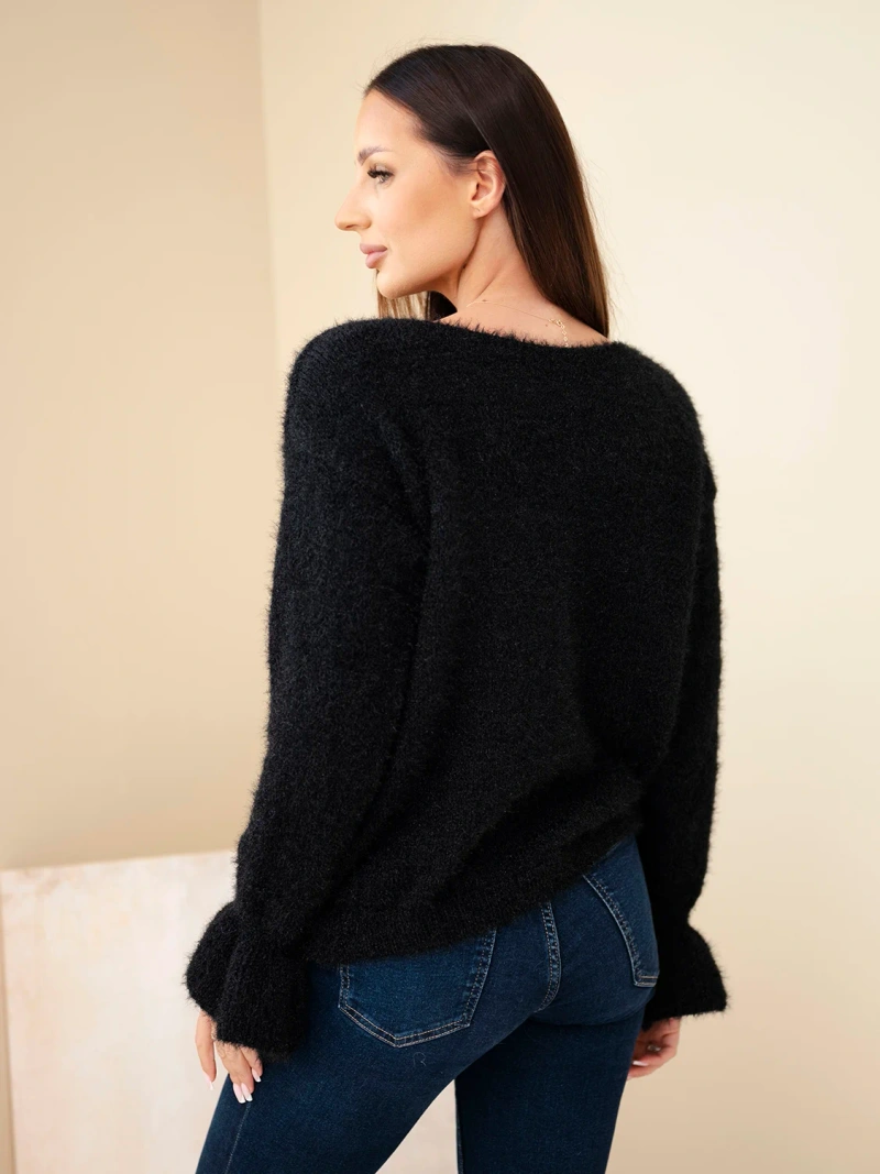Damenpullover mit Mohair und Wolle mit Volants an den Ärmeln schwarz