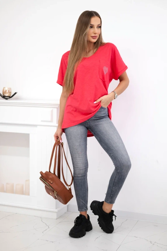 Himbeerfarbene Baumwollbluse mit Tasche