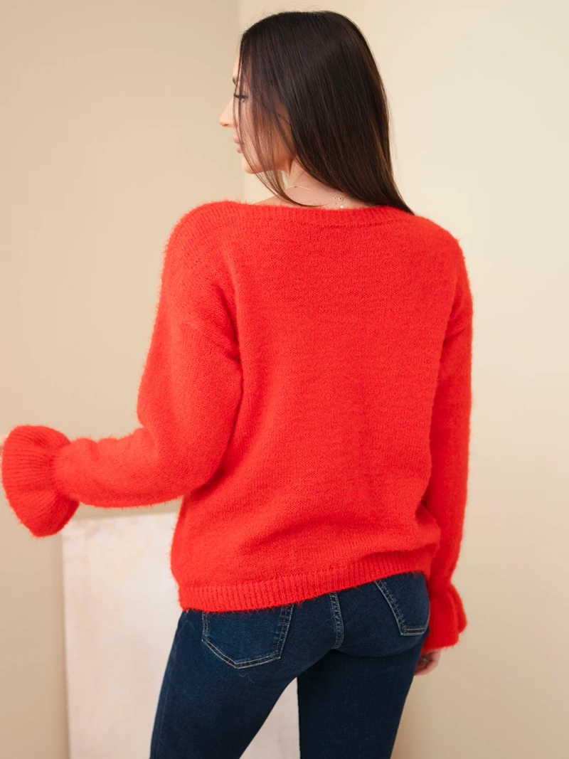 Damenpullover mit Mohair und Wolle mit Rüsche an den Ärmeln rot