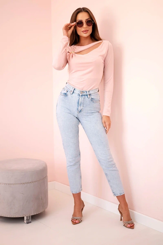 Women's bodysuit blouse with ruffles and decorative buckle powder pink