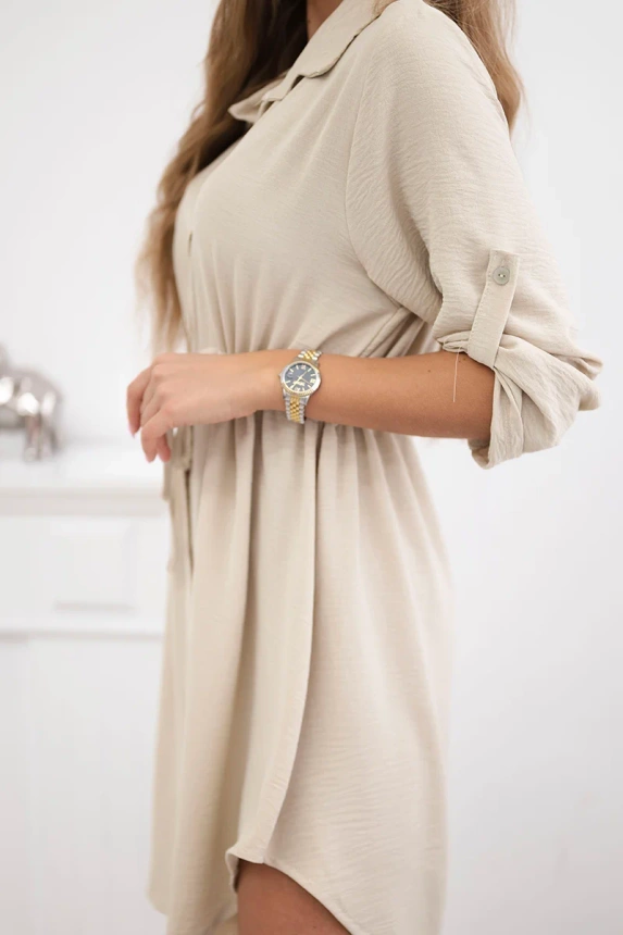 Dress with button closure and tie at the waist dark beige