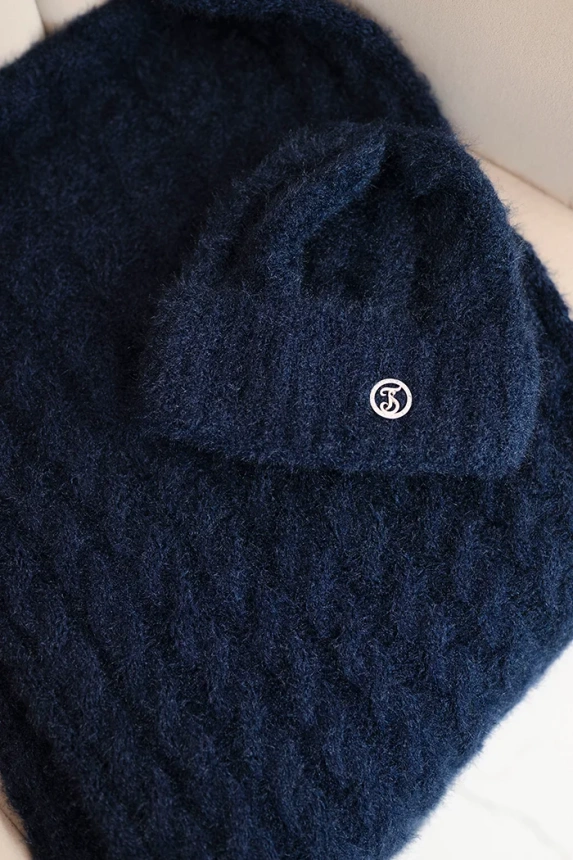 Women's set hat and scarf ribbed with decoration navy blue