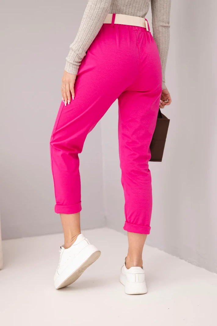 Damen Baumwollhose mit Gürtel und umgeschlagenem Bein fuchsia